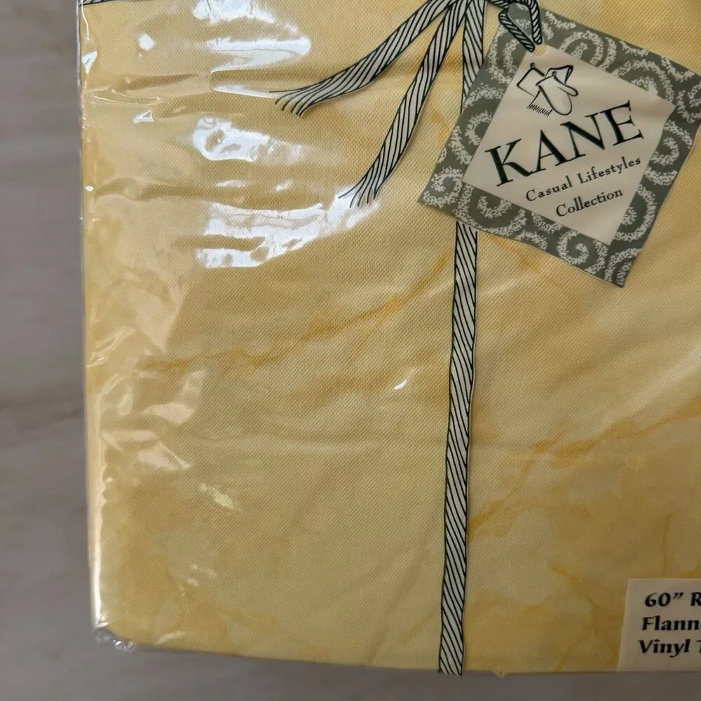 KANE 60” Round Flannel Back Vinyl Tablecloth Yellow Marbled Pattern New